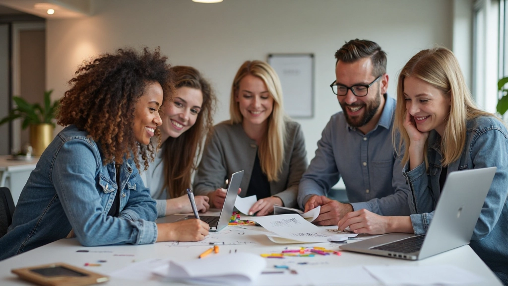 Team van webdesigners samenwerkend aan project met laptops en design materialen op tafel
