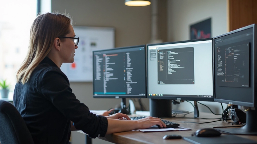 Moderne webdesigner werkend aan responsief ontwerp op een professioneel werkstation met monitors en design tools